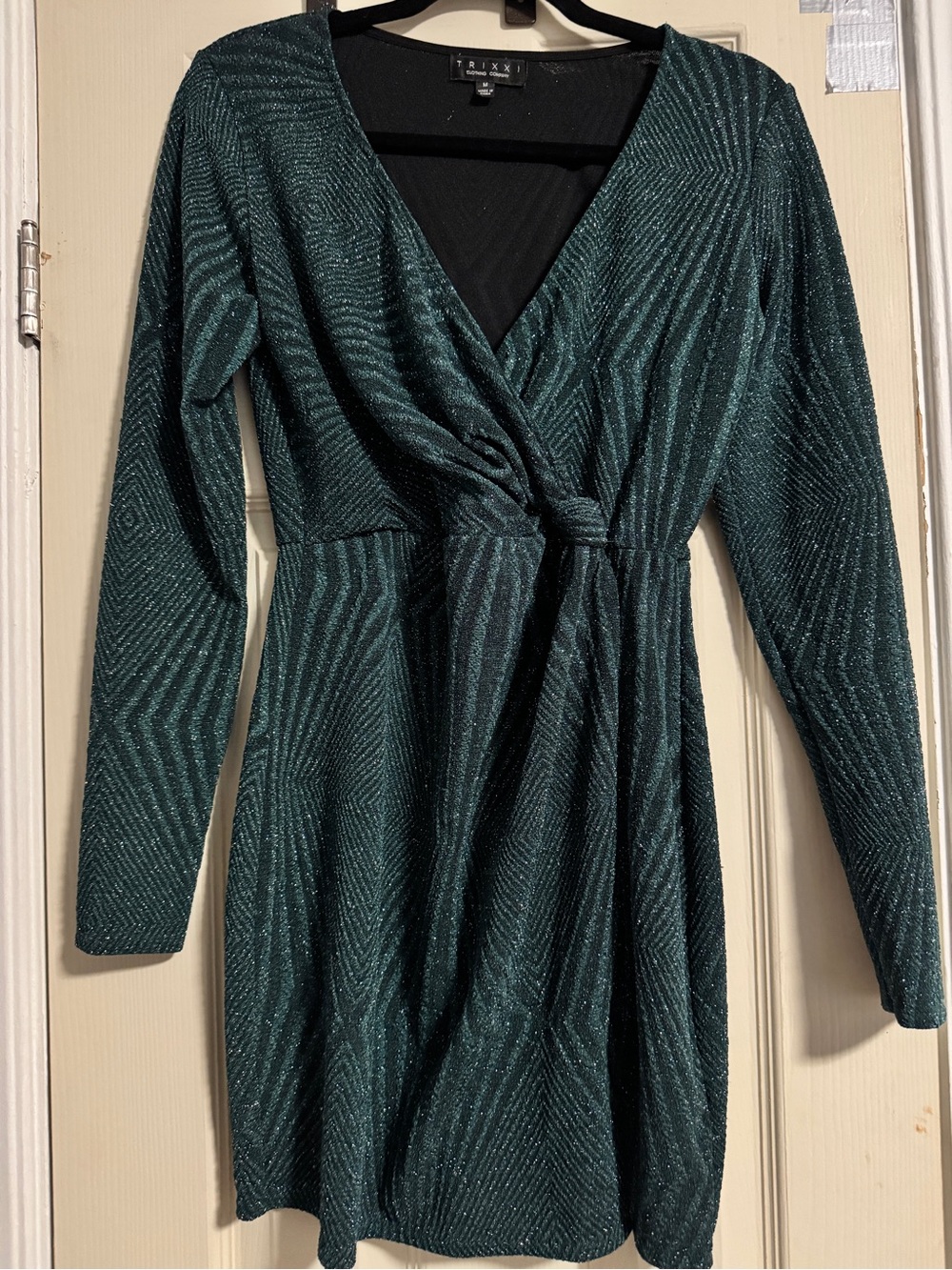 Trixxi Teal Metallic Twist-Front Long Sleeve Dress